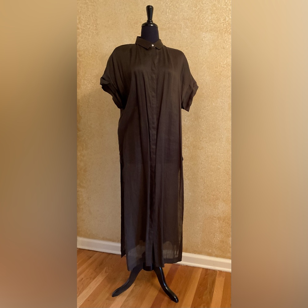 Lafayette 148 Women’s Dark Green Short Sleeves Button Down Dress W/Side Slits